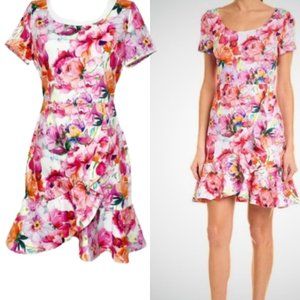 Alexia Admor Floral Print Ruffle Dress Pink Watercolor Short Sleeve Event Dress